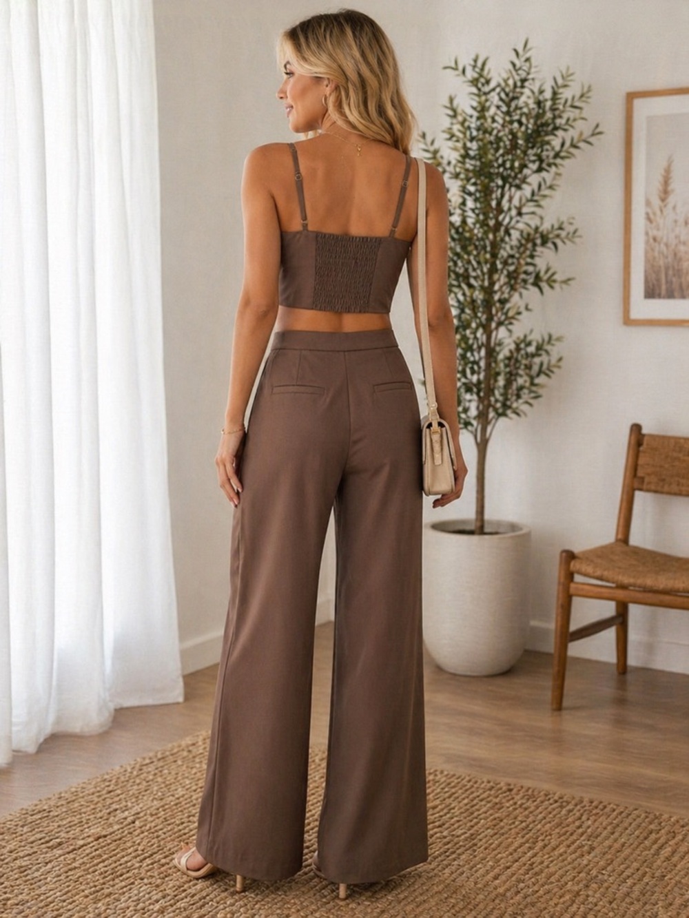 Emory Park Brown Matching Set Wide Leg Pants Ruched Crop Top Chic | Size S + M - Picture 3 of 17